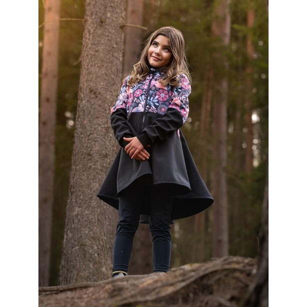 Unuo, Dívčí softshellový kabát s fleecem Romantico, Černá, Kouzelné květiny