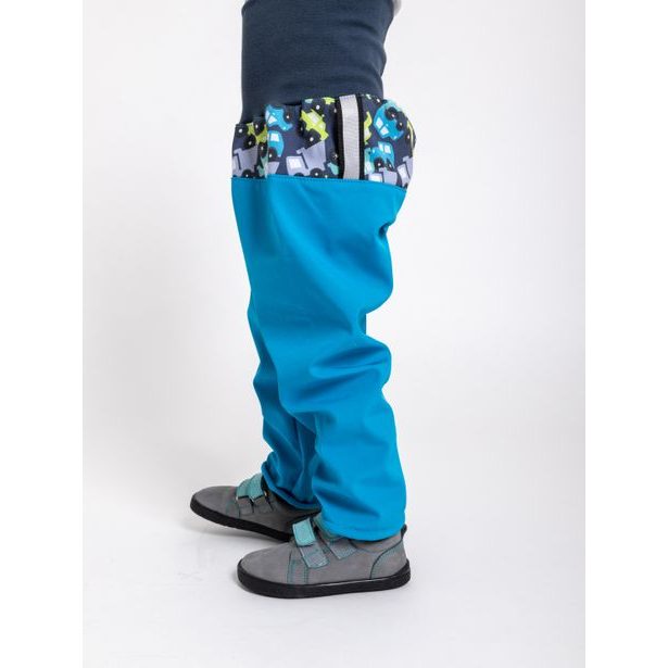 unuo Batolecí softshellové kalhoty s fleecem Autíčka tyrkysové (Softshell toodler trousers)