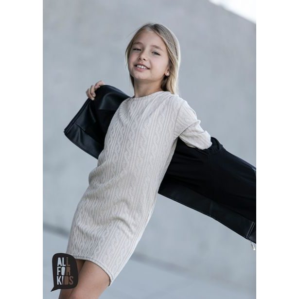 Dívčí šaty pletené s kapsami béžové