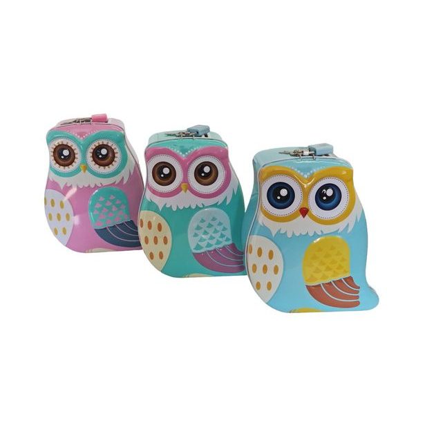 pokladnička SOVA+zámek, 3druhy, 13,5x7,5x17cm, plech