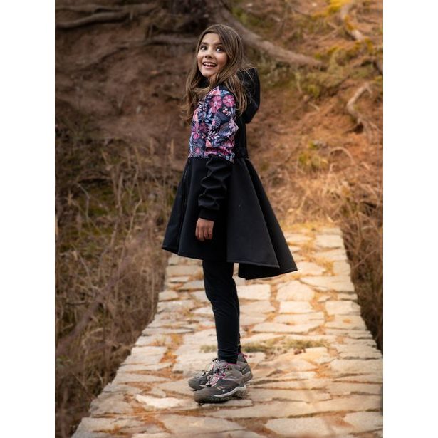 Unuo, Dívčí softshellový kabát s fleecem Romantico, Černá, Kouzelné květiny