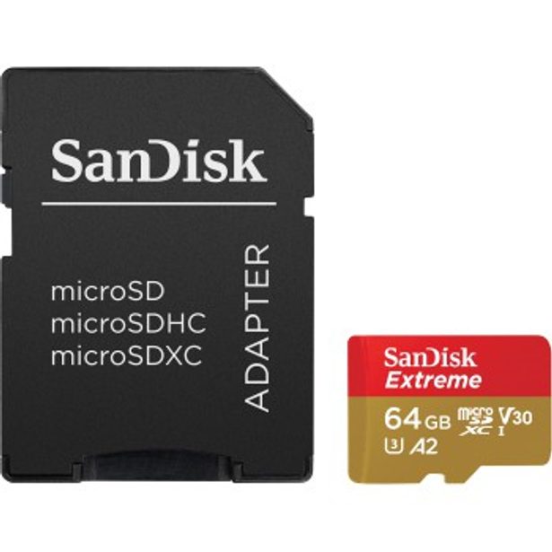 SanDisk Extreme microSDXC 64 GB + SD Adapter 170 MB/s and 80 MB/s A2 C10 V30 UHS-I U3