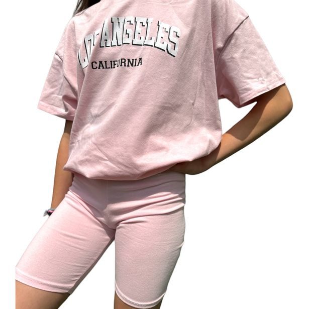 Komplet oversize triko LOS ANGELES + kraťasy sv. růžový