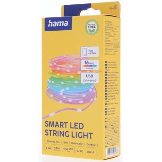 Hama SMART WiFi světelný řetěz, 100 LED, venkovní/vnitřní použití, nastavení barev, stmívání, 10 m