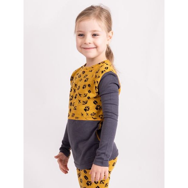 Unuo, Dětské merino triko s dlouhým rukávem Nature, Hořčicová, Lesní stopy