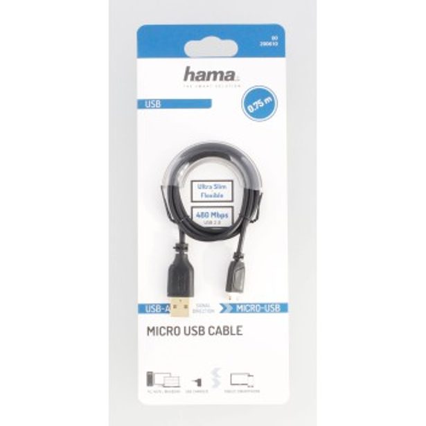 Hama micro USB 2.0 kabel Flexi-Slim 0,75 m, černý