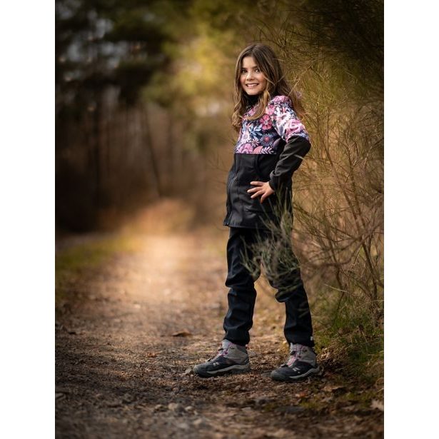 Unuo, Dětské softshellové kalhoty s fleecem Basic, Černá, Kouzelné květiny