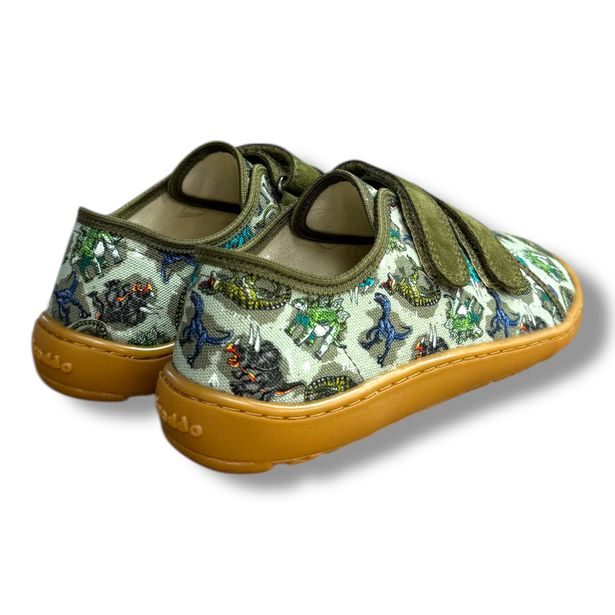 Froddo G1700422-3 barefoot plátěnky – přezůvky do školy (Dinosauři / Olive)