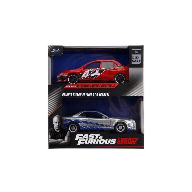 Rychle a zběsile Twin Pack 2006 Mitsubishi Lancer Evo IX + Brianův 2002 Nissan Skyline GTR R34, 1:32 Wave 4/2