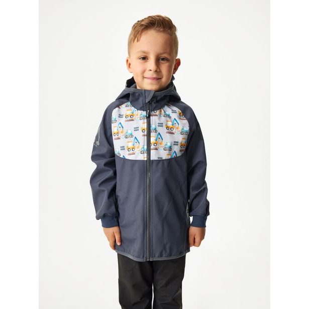 Unuo, Dětská softshellová bunda bez zateplení Basic, Tm. Šedá, Bagry