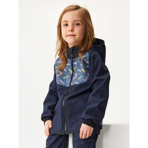 Unuo, Dětská softshellová bunda s fleecem Basic, Tm. Modročerná, Auta