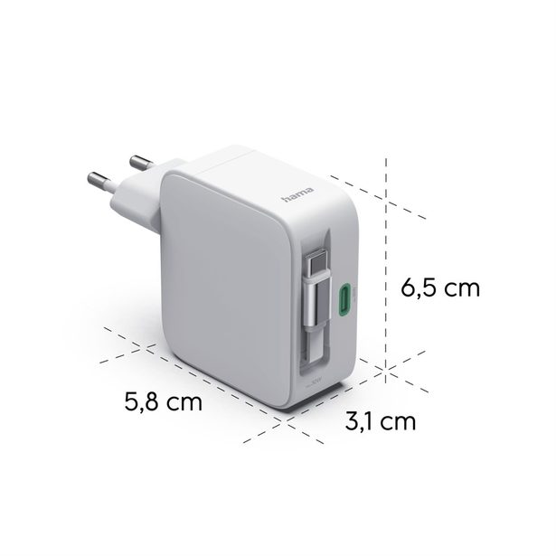 Hama rychlá USB nabíječka GaN 2x USB-C, PD 30 W, navíjecí kabel