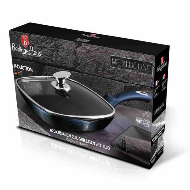 BERLINGERHAUS Grilovací pánev s mramorovým povrchem a poklicí 28 cm Aquamarine Metallic Line BH-7028