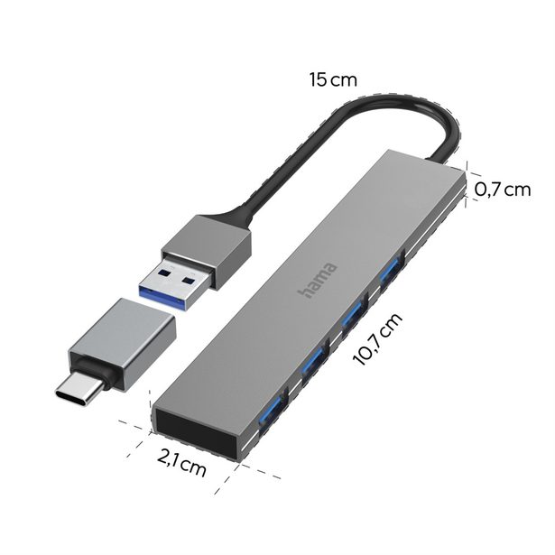 Hama USB hub, 4 porty, USB 3.2, 5 Gb/s, Ultra Slim, USB-C adaptér