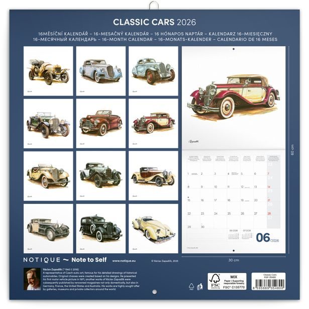 NOTIQUE Poznámkový kalendář Classic Cars – Václav Zapadlík, 2026, 30 x 30 cm