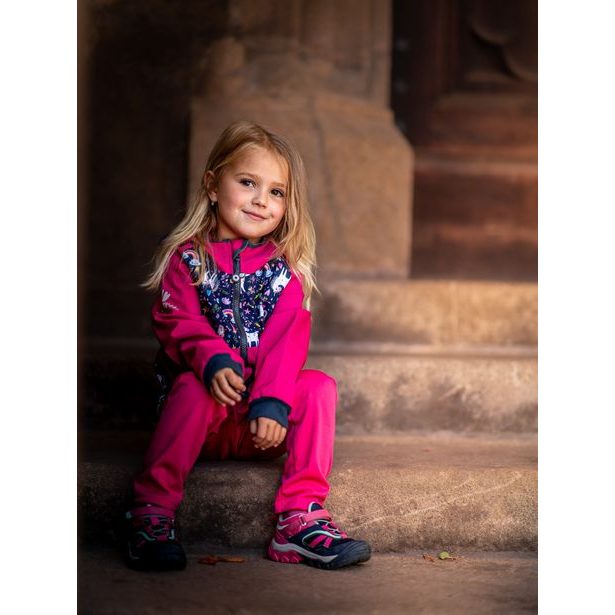 Unuo, Batolecí softshellové kalhoty bez zateplení, Fuchsiová, Jednorožci