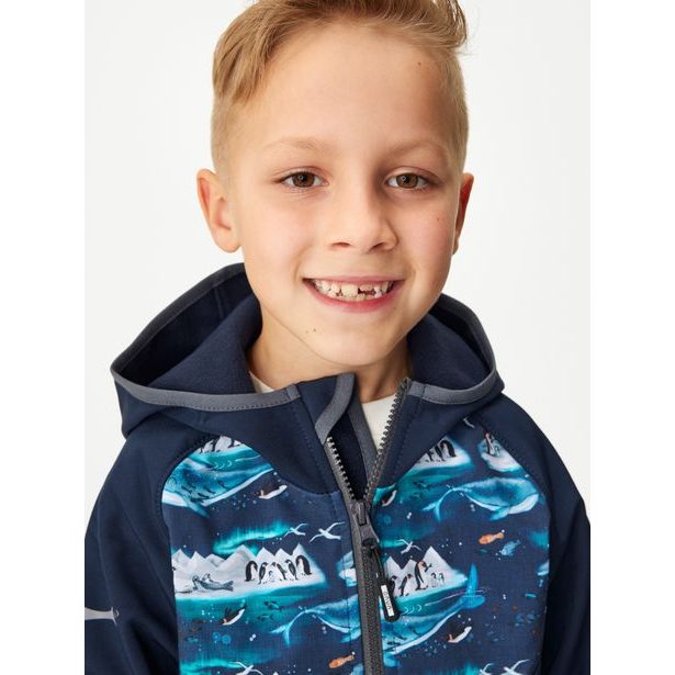 Unuo, Dětská softshellová bunda s fleecem Basic, Tm. Modročerná, Tučňáci