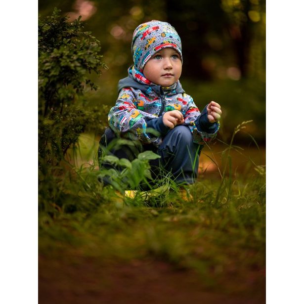 unuo Batolecí softshellové kalhoty s fleecem Antracitové + reflexní obrázek Evžen (Softshell toodler trousers)