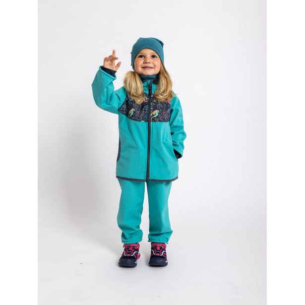 Unuo, Batolecí softshellové kalhoty s fleecem, Smaragdová + reflexní obrázek Evžen (Softshell toodler trousers)