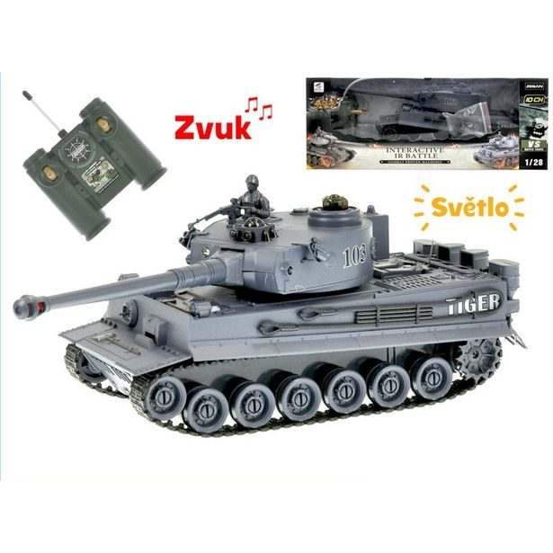 R/C tank 26cm 1:28 40MHz šedý na baterie plná funkce 10kanálů se světlem a zvukem