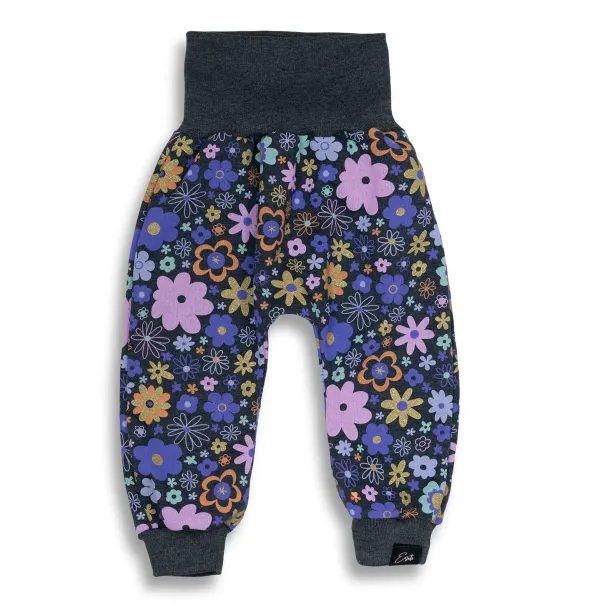 ESITO Dětské tepláky s vysokým pasem Grafit Podzimní květy - šedá