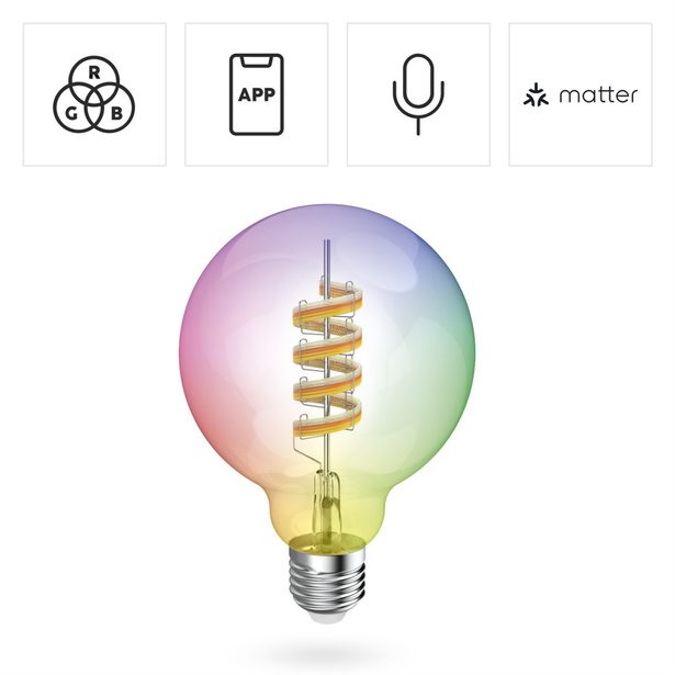 Hama SMART WiFi LED žárovka, Matter, E27, G95 Filament, koule, RGBW, stmívatelná, aplikace