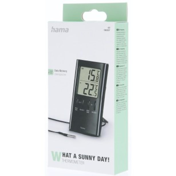 Hama T-350, digitální teploměr, měření vnitřní a venkovní teploty, senzor na kabelu 150 cm, černý