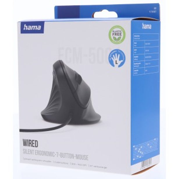 Hama vertikální ergonomická kabelová myš ECM-500L, pro leváky, černá