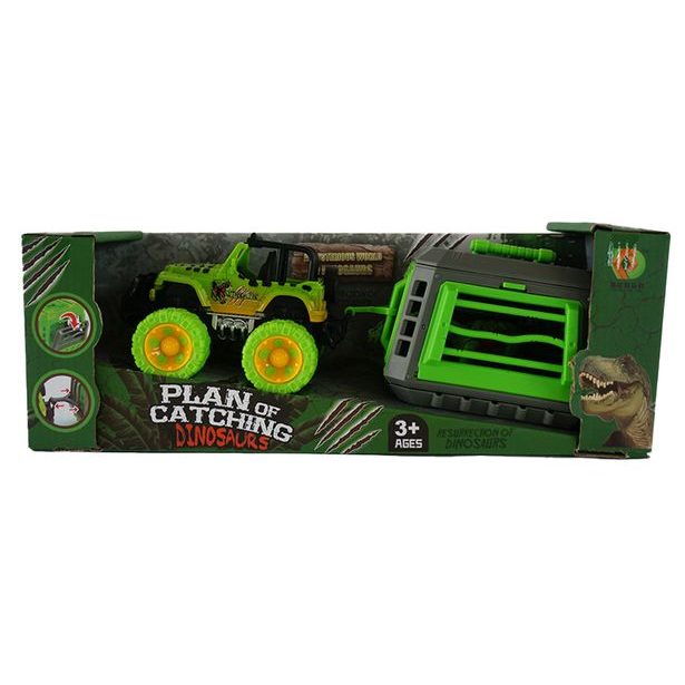 Jeep s přívěsem a dinosaurem