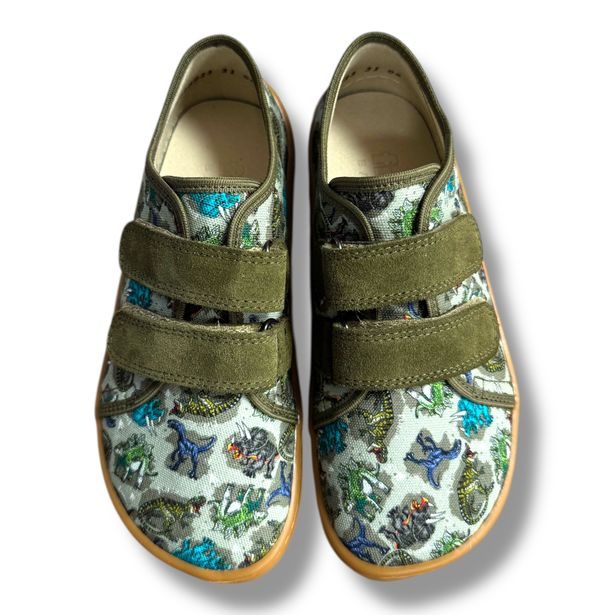 Froddo G1700422-3 barefoot plátěnky – přezůvky do školy (Dinosauři / Olive)