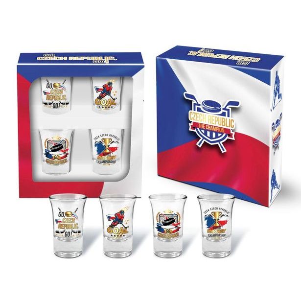 sada 4ks panáků 35ml, MS v hokeji 2024, DB, sklo