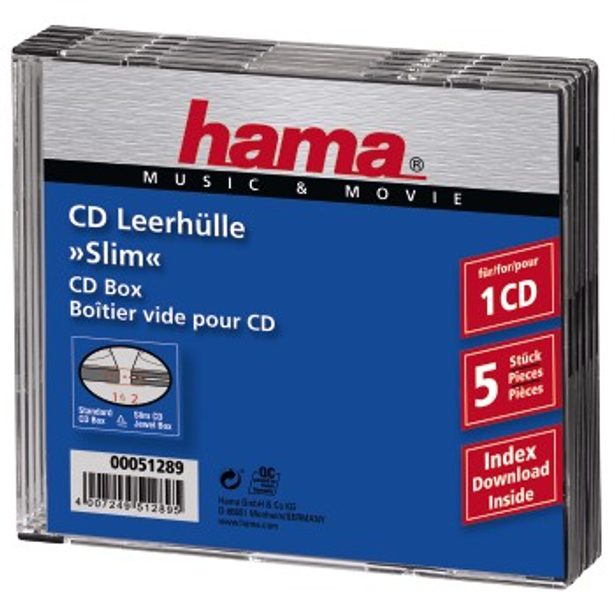 Hama CD Slim Box, obal na 1 cd/dvd, průhledný/černý, balení 5 ks (cena za balení)