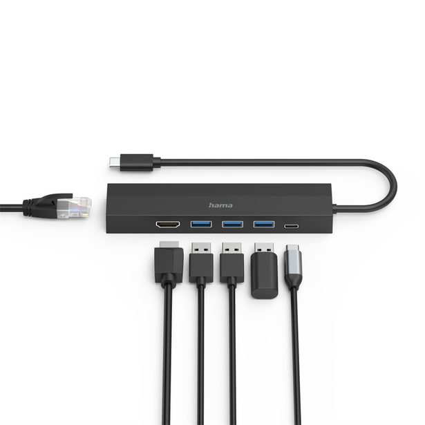 Hama USB-C hub multiport, 3x USB-A, USB-C PD, HDMI, LAN, 6 portů