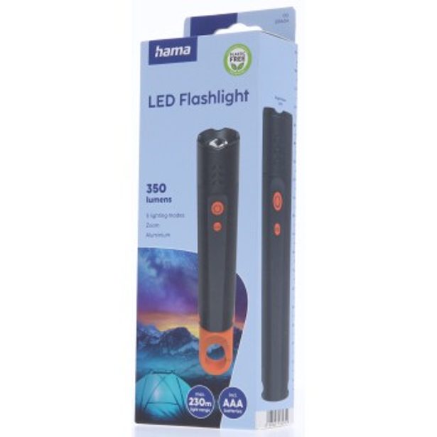 Hama FLX350, LED svítilna, hliníková, 350 lm / 230 m, 4 režimy+SOS, IP44, zoom, karabinka, baterie