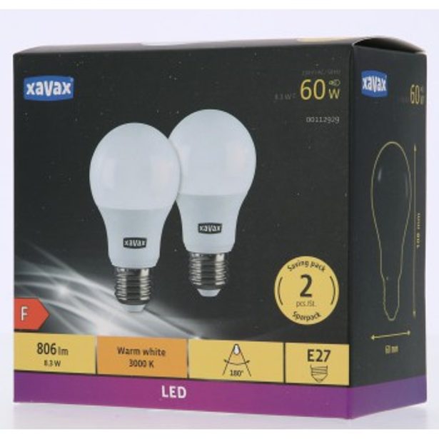 Xavax LED žárovka, E27, 806 lm (nahrazuje 60 W), teplá bílá, 2 ks v krabičce (cena za balení)