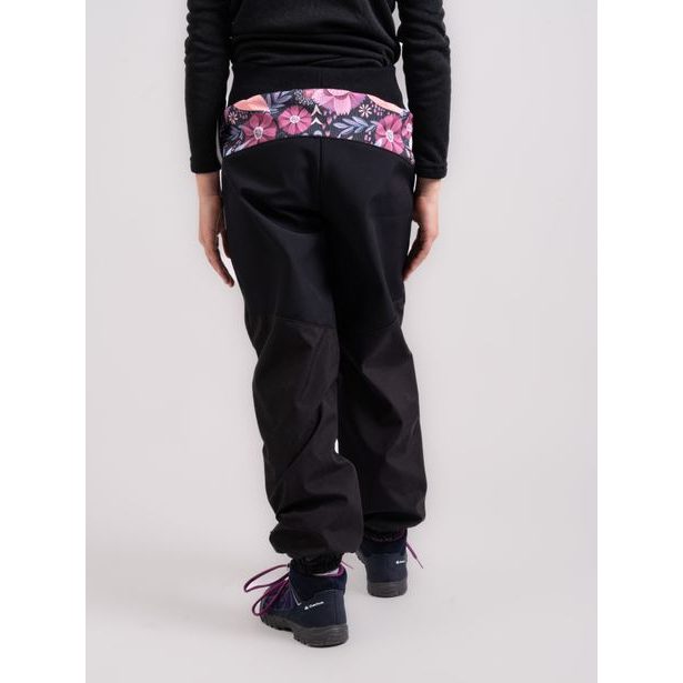 Unuo, Dětské softshellové oteplovačky s fleecem Plus, Černá, Kouzelné květiny