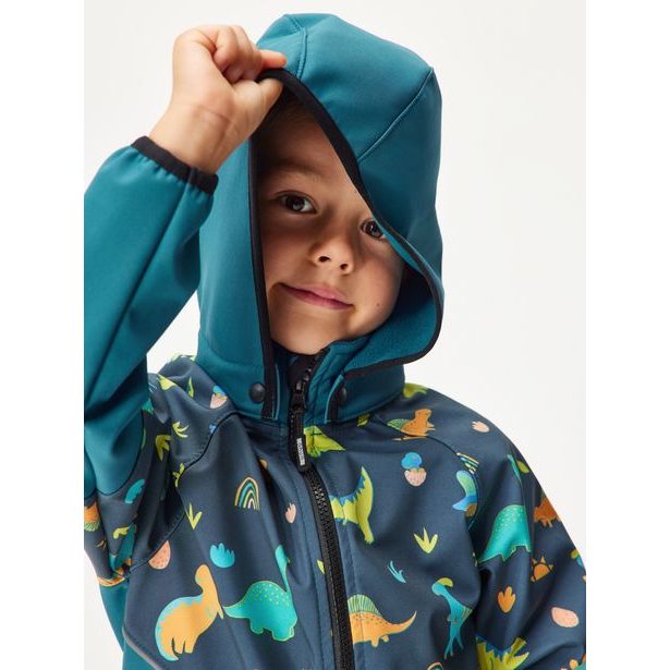 Unuo, Dětská softshellová bunda s fleecem Slim, Kobaltová, Dinosauři