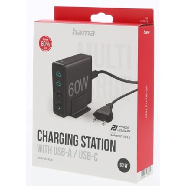Hama rychlá stolní USB nabíječka se stojánkem, 2x USB-C PD/QC, 2x USB-A, 60 W