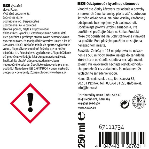 Xavax přípravek pro rychlé odvápnění, 250 ml