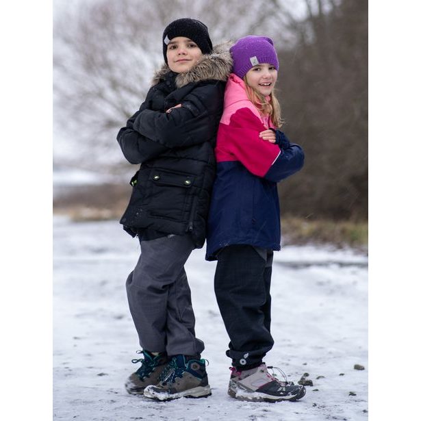 Unuo, Dětské softshellové oteplovačky s fleecem, Ostružinová, Žíhaná Antracitová, Jednorožci