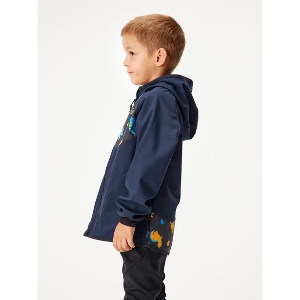 Unuo, Dětská softshellová bunda s fleecem Basic, Tm. Modročerná, Dinosauři