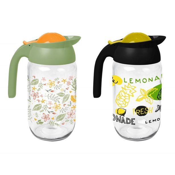 džbán 1,5l, MIX 2 dekorů, zel. nebo černé víčko, sklo/plast