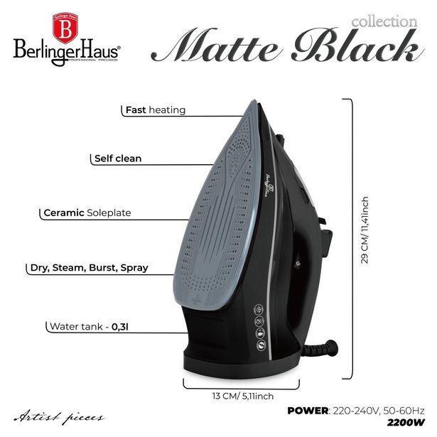 BERLINGERHAUS Žehlička napařovací 2200 W Matte Black Collection BH-9930