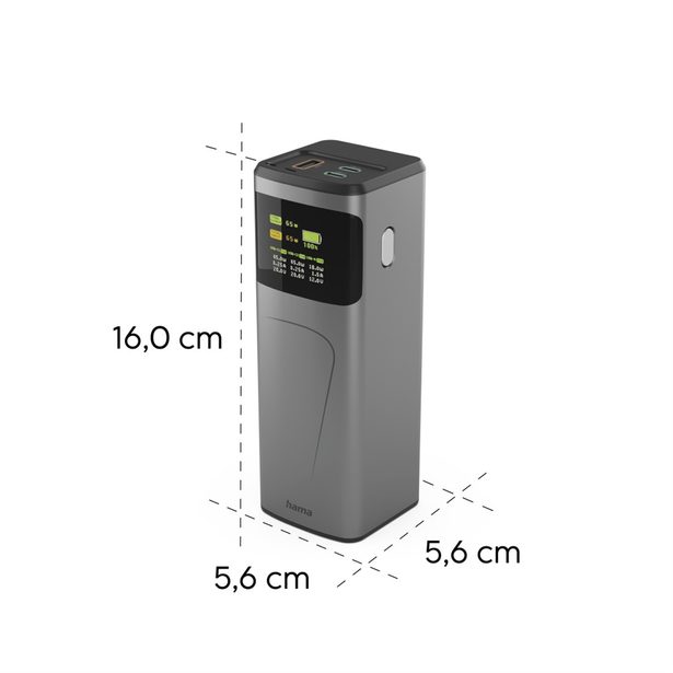 Hama High Power 65 W, powerbanka, 20000 mAh, 2x USB-C, 1x USB-A, PD, QC, displej