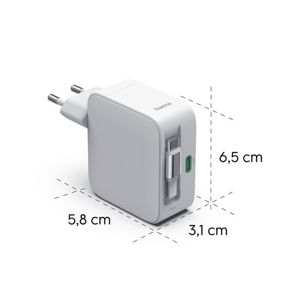 Hama rychlá USB nabíječka GaN 2x USB-C, PD 65 W, navíjecí kabel