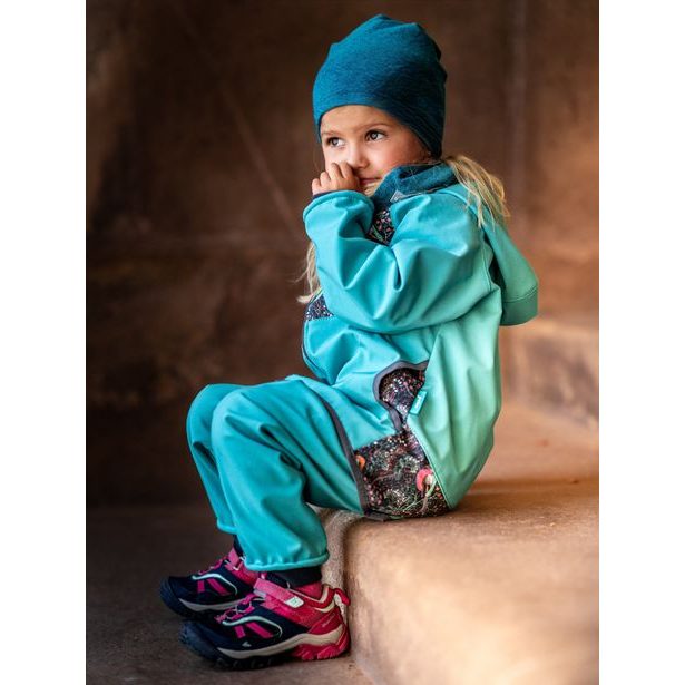 Unuo, Batolecí softshellové kalhoty s fleecem, Smaragdová + reflexní obrázek Evžen (Softshell toodler trousers)