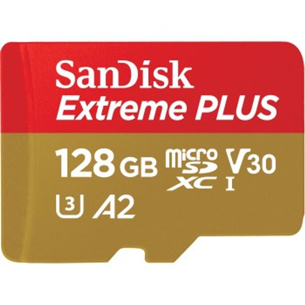SanDisk Extreme PLUS microSDXC 128 GB + SD Adapter 200 MB/s and 90 MB/s A2 C10 V30 UHS-I U3