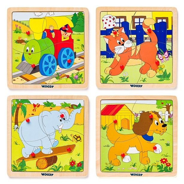 Displ.12ks - Puzzle ze 4 dílů "Mašinka", 4 motivy