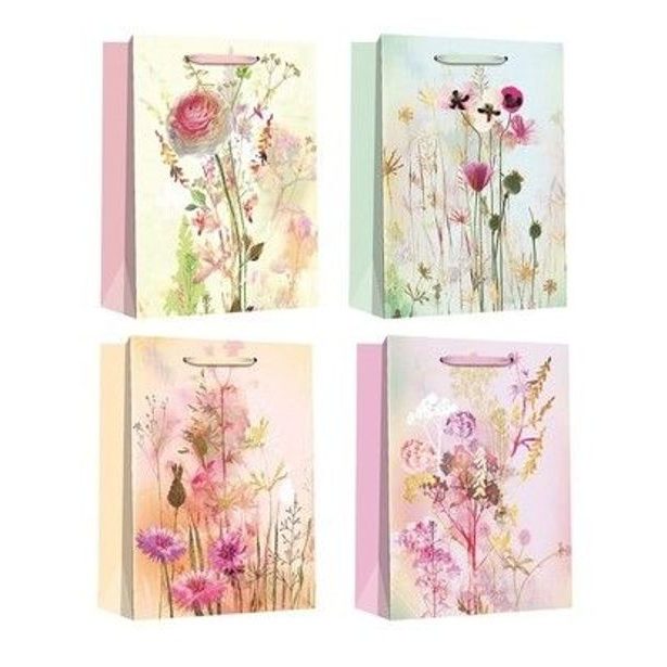 taška dárk. L, KVĚTINY-4DEK., 26x32x12cm, zl.ražba, papír