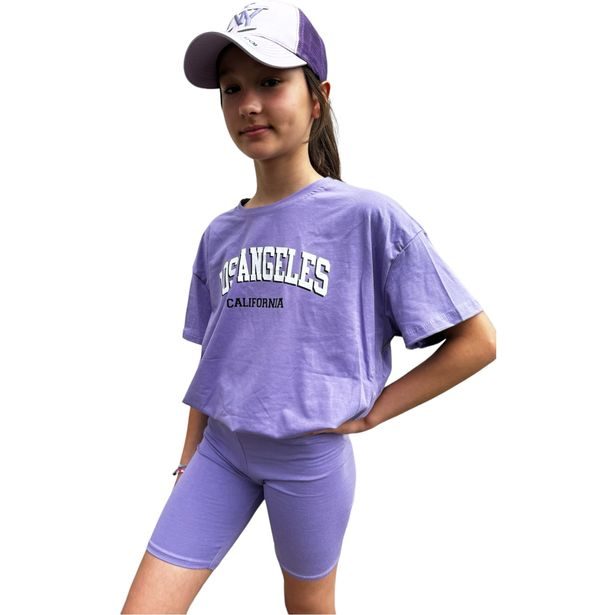 Komplet oversize triko LOS ANGELES + kraťasy fialový